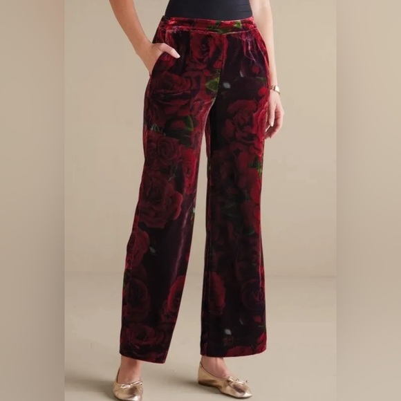 SOFT SURROUNDINGS NWT $120 Aria Velvet Wide Leg Pants Romantic Roses Size Small - Picture 1 of 4